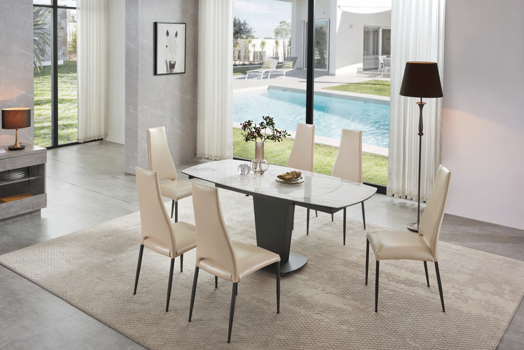 Dining Room Furniture Kitchen Tables and Chairs Sets 2417 Marble Table White with 3405 Cream Chairs